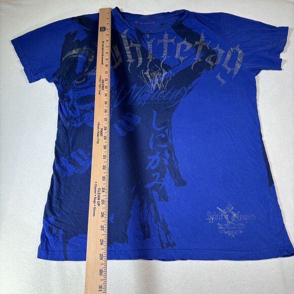 White Tag Shirt Mens Medium Blue Y2K Grunge Cyber Goth Affliction Emo Skater MMA - Picture 9 of 10